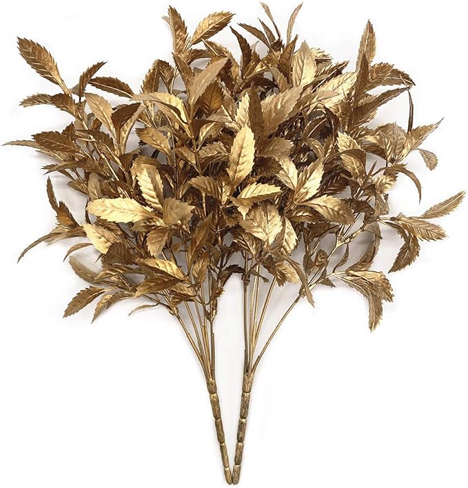 CATTREE Artificial Plants for Christmas, Plastic Grass Faux Shrubs Fake Leaves Simulation Bushes Home Indoor Outdoor Garden Wedding Festival Decoration Hall Office Table Planter Filler – Gold 2 Pack