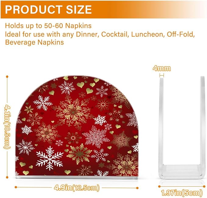 Red Gold Snowflakes Christmas Napkin Holder for Tables Paper Cocktail Napkin Holders for Kitchen and Dinning, Acrylic Dinner Napkin Dispenser for Restaurant Home Decor Bar Accessories 1 Pack
