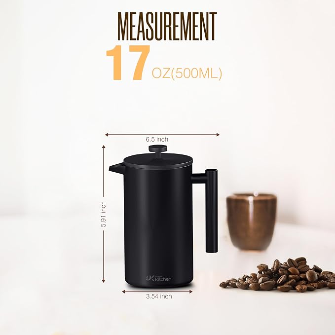 Utopia Kitchen 304 Grade Stainless Steel French Press 17 Oz, Black | Double Wall Insulated Coffee Press with 4-Level Filtration System, Include 2 Extra Filters, Rust-Free, Dishwasher Safe