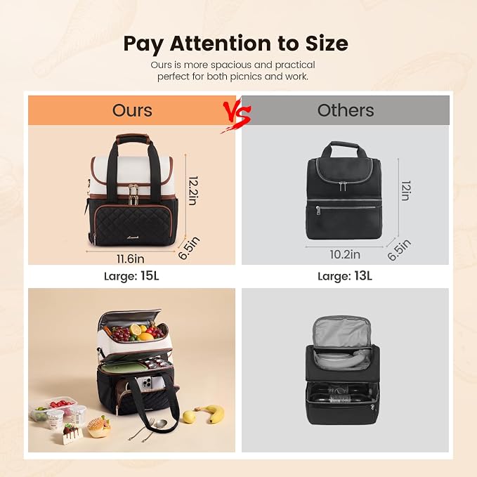 LOVEVOOK Insulated Lunch Bag for Women,Large Double Deck Adult Lunch Box,Teacher Lunch Tote Bag with Cup Holder,Leakproof Cooler Bag with Adjustable Shoulder Strap for Work Picnic Beach,Larger 15L