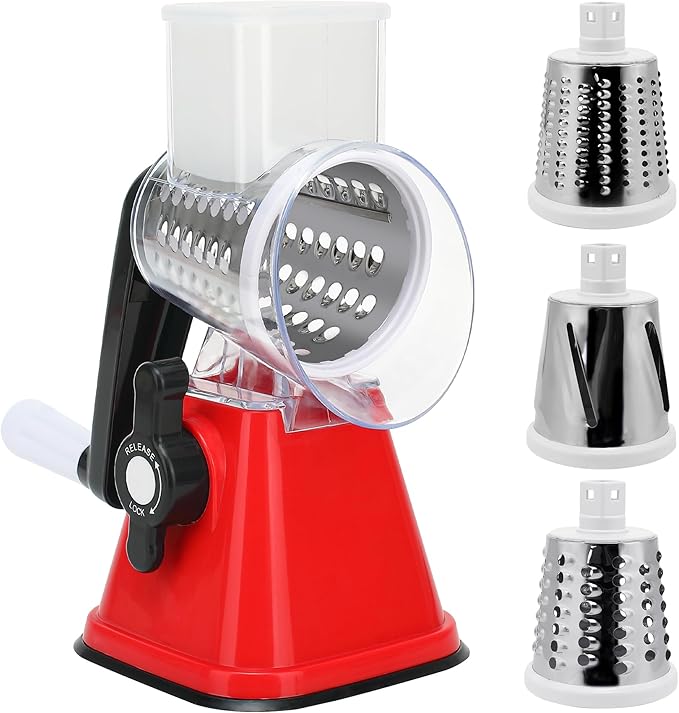 Cheese Graters with Handle, Manual Cheese Shredder Rotary Grater with 3 Replaceable Drum Blades for Vegetables, Fruit, Food, Nuts