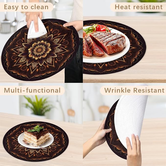 Round Placemats Set of 6, Fire Mandala Flowers Woven Placemats Mats Non-Slip Heat Resistant Washable Table Mats Round Braided Place for Farmhouse Kitchen Dining Party Decor 15in