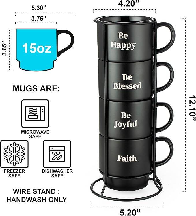 Signature Housewares Stackable Coffee Mug Tower Set with Metal Wire Rack - 15 Ounce Coffee Mugs for Coffee, Tea, Cocoa, Milk, Cappuccino, Hot Chocolate Set of 4 - Be Happy Matte Black