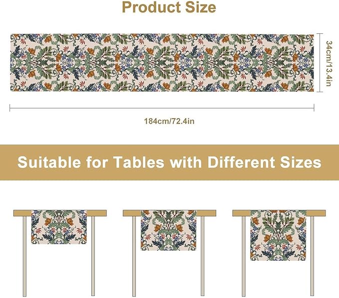 William Morris Table Runner,Vintage Floral Country Table Runner Farmhouse Kitchen Table Party Picnic Decor 13x108 Inch