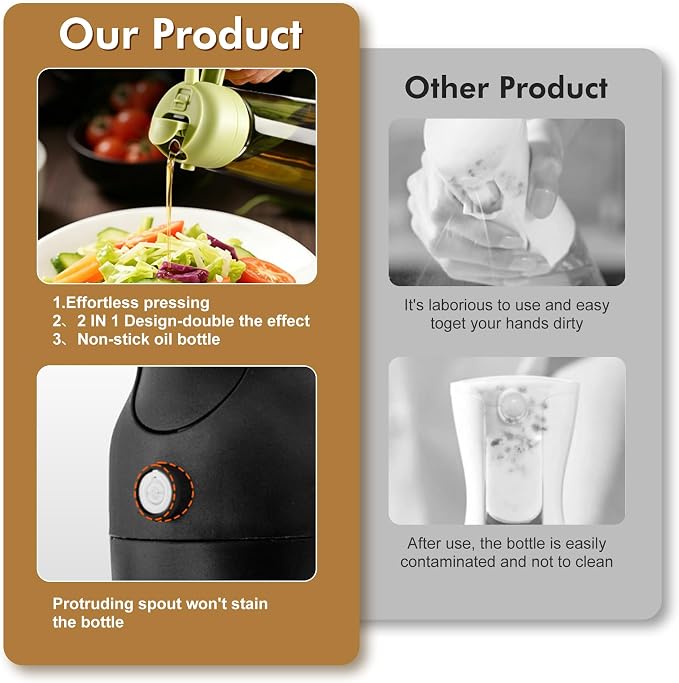 Poshetion 2 in 1 Olive Oil Sprayer for Cooking, 16oz Light-Proof Oil Dispenser for Kitchen, Leak-Proof Oil Spray Bottle for Air Fryer, Salad, BBQ, Baking, Grilling - Black & Green