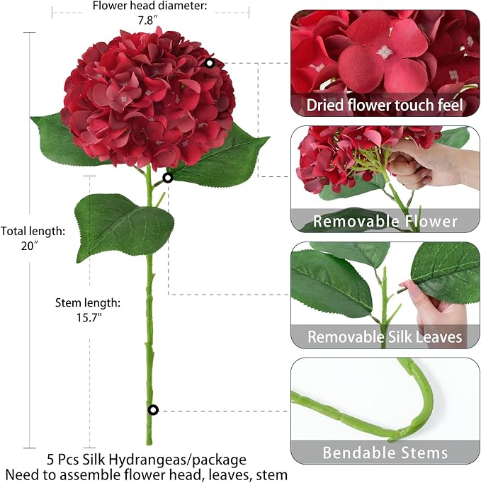ZYTUYO 5 Pcs Red Silk Hydrangeas Artificial Flower Boho Dried Touch 20'' Faux Hydrangeas for Fall Home Decor Kitchen Living Room Porch Wreath Xmas Wedding Flower Arrangement