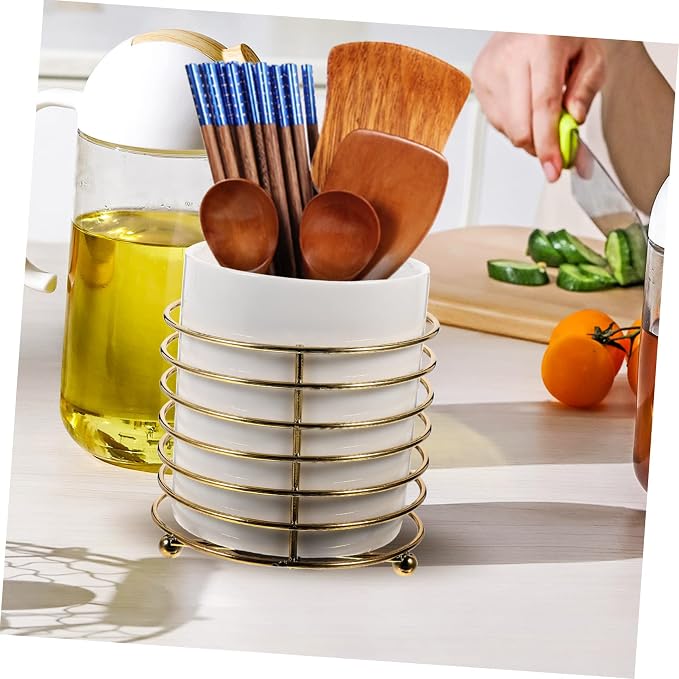 PRETYZOOM Ceramic Cutlery Organizer with Detachable Iron Wire Large Kitchen Spoon Holder for Chopsticks and Utensils Stylish White and Gold Design for Desktop Use