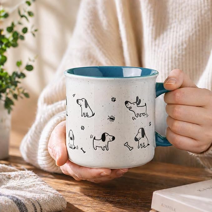 AmorArc 22 OZ Large Ceramic Coffee Mugs Set of 2, Oversized Mugs With Big Handle for Men Women Dad Mom, Big Mug With Textured Dogs Cats Patterns for Office & Home -Microwave Safe, 2 Pcs-Blue