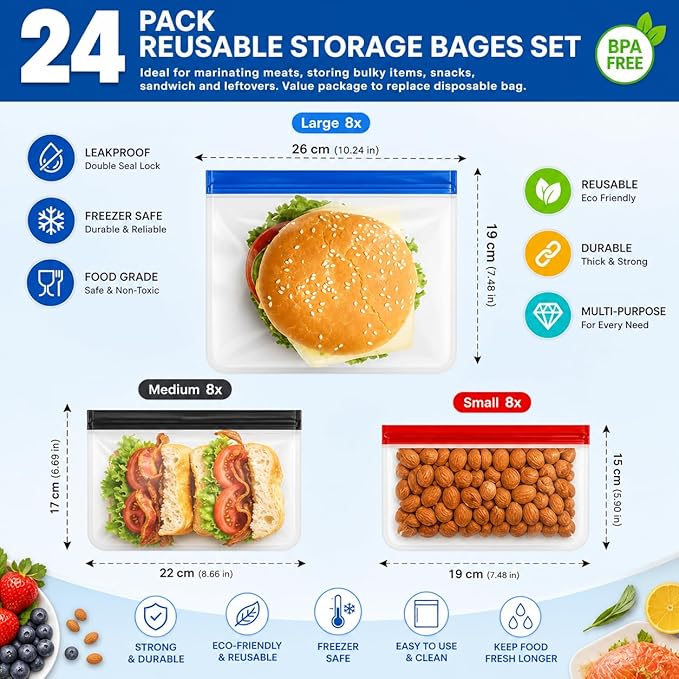24-Pack Reusable Silicone Food Storage Bags, Leakproof Ziplock Set | Includes 8 Small, 8 Medium & 8 Large | Freezer-Safe & Eco-Friendly for Kitchen, Meal Prep & Travel