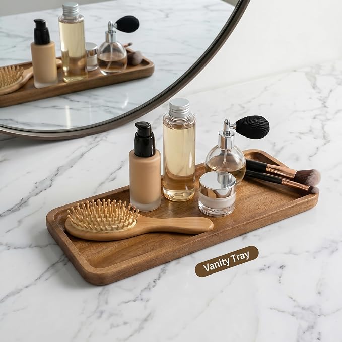 Small Wooden Tray | Acacia Wood Tray for Vanity, Bathroom Counter, Coffee Table & Toilet | Perfect for Jewelry, Remote, Perfumes & Catch All | Mini Charcuterie Board Serving Platter (Rectangular)