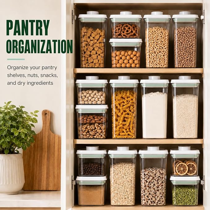 12 Pcs Pop Airtight Food Storage Containers with Lids Stackable Containers for Kitchen Pantry Organization Ideal for Cereal Snacks Flour Sugar Coffee and Spaghetti, 3.4Qt, 2.8Qt, 2.1Qt, 1.2Qt