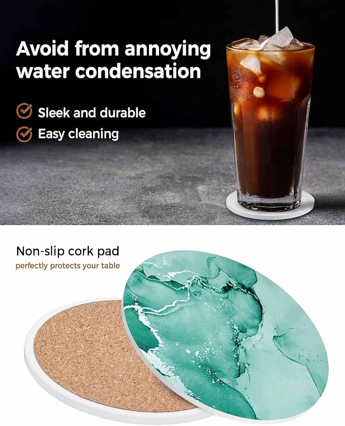 Coasters Set of 4 Turquoise Marble Drink Coasters with Holder Absorbent Stone Ceramic Cup Mat Abstract Waves Cloud Coaster for Drinks Coffee Bar Office Kitchen Cafe Home Table Decor