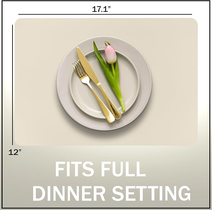 More Décor Faux Leather Placemats Set of 6 for Dining Table – Waterproof, Wipeable, Washable, Stain & Heat Resistant, Non-Slip Table Mats – 12 X 17 Inch, (Solid Ivory, 6)