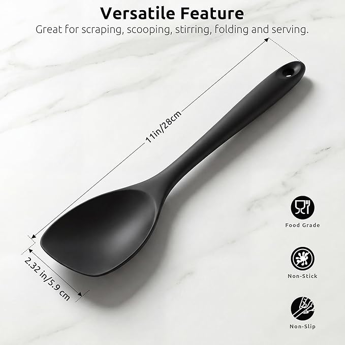 600ºF Heat Resistant Spatula Spoon: U-Taste Flexible Silicone Cooking Scoop Spoonula, Serving Mixing Scraping Food in Non-Stick Pan Cookware, Seamless Multifunctional Kitchen Utensil (Black)