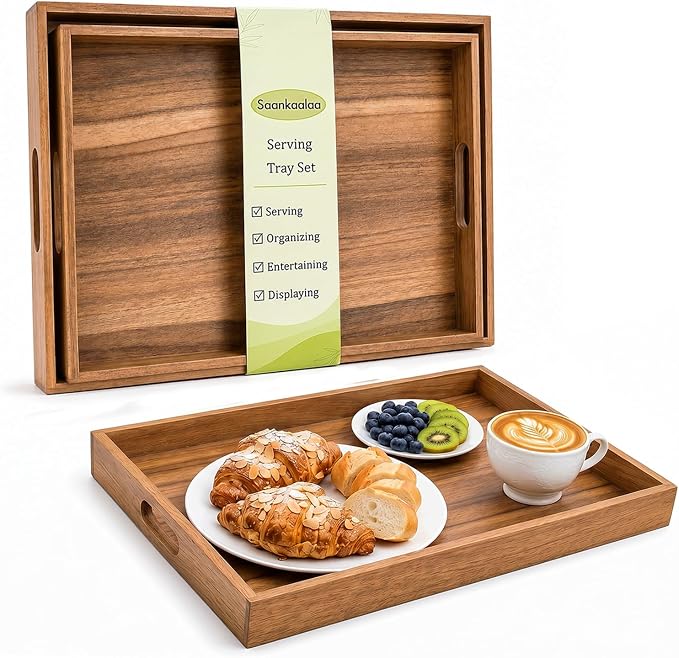 Acacia Wood Serving Tray Set of 2 with Handles for Food & Decor | Serve food & drinks, organize remotes and essentials, decorate coffee tables, ottomans, kitchen counters & living rooms.