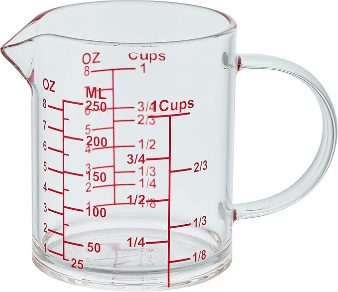 Ackers Mirror Graduated Glass Measuring Cup - [Insulated Handle | V-Shaped Spout] - High Borosilicate Glass Measuring Cup for Kitchen or Dining, Easy to Read, 250ml (8oz, 1 Cup)
