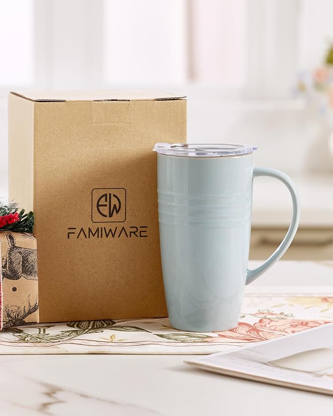 famiware Jupiter Large Coffee Mug, 20oz Coffee Mug with Lid, Ceramic Cup with Handle for Latte, Tea, Cocoa, Milk, Home & Office, Microwave and Dishwasher Safe, Light Blue