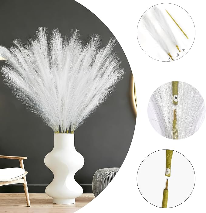 TORONTOKYO 8Pcs White Faux Pampas Grass Tall Decor, 35.4” Fluffy Artificial Pompous Grass Branches, Large Pampas Grass Reed Stems for Floor Vase Filler, Wedding, Baby Shower, Home Boho Decor