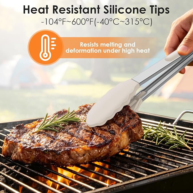 HOTEC Silicone Kitchen Tongs Set of 2-9" and 12" Locking Stainless Steel Cooking Tongs with Silicon Tips Non-Scratch Heat Resistant 600°F for BBQ, Grill, Air Fryer & Serving, Khaki