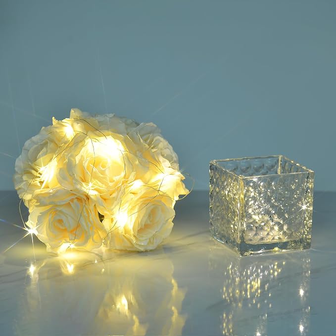 Artificial Rose in Glass Vase Vintage Silk Flower Arrangement with LED Light for Table Centerpiece Home Wedding Decoration (Cream)