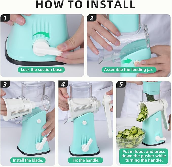 5 in 1 Rotary Cheese Grater, Manual Hand Crank Cheese Grater With Reinforced Suction & 5 Interchangeable Blades, Multifunctional Cheese Shredder, Easy to Use and Clean, Blue