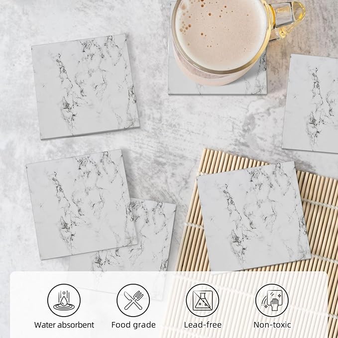 Marble White Square Ceramic Coasters Set of 6 Pack, Rustic/Retro White Ink Granite Marble Texture Stone Drink Coaster with Cup Holder Anti-Scratc Cork Backing Bar Kitchen Home Housewarming Gift
