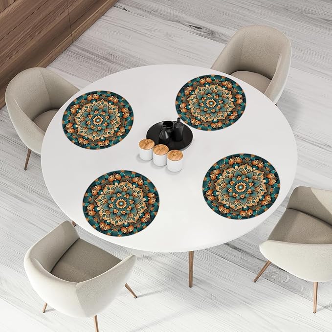 Round Placemats Set of 6, Ethnic Floral Mandala Flowers Pattern Woven Placemats Mats Non-Slip Heat Resistant Washable Table Mats Round Braided Place for Farmhouse Kitchen Dining Party Decor 15in
