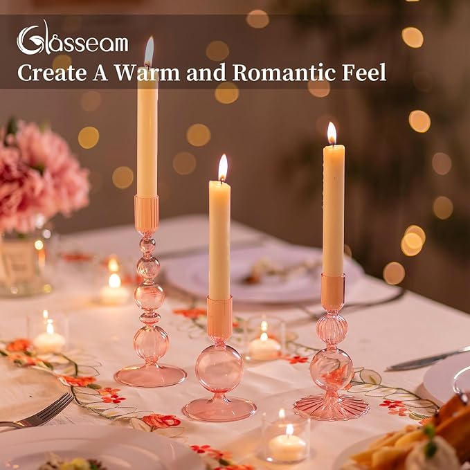 Glasseam Pink Glass Candlestick Holder: Unique Candle Holders Set of 3 Modern Taper Candle Holder Decorative for Table Centerpiece Party Christmas Home Wedding Decoration