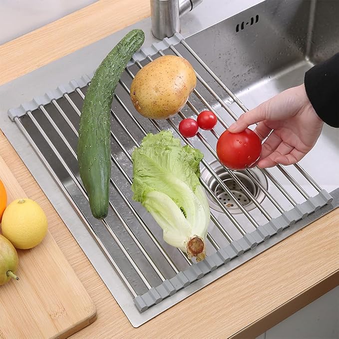 JAYWAYNE Roll Up Dish Drying Rack -17.5" x 14" – Large Stainless Steel Dish Drainer Over The Sink for Kitchen Countertop – Multifunctional Storage Rack,Suitable for Kitchen, Outdoor Picnic