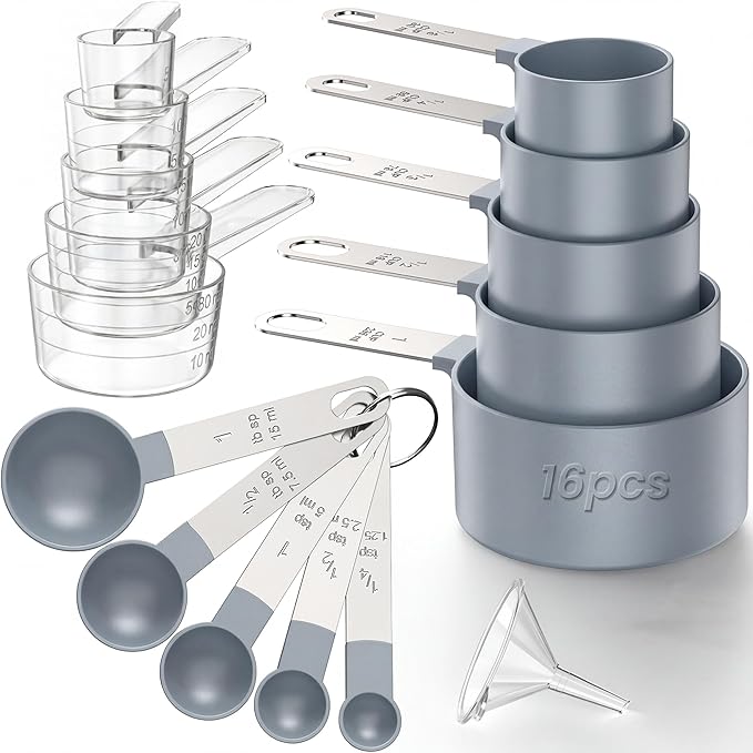 16PCS Measuring Cups and Spoons Set, Measuring Spoon Set with Metric and US Measurements, Fits for Measuring Dry and Liquid (Grey)