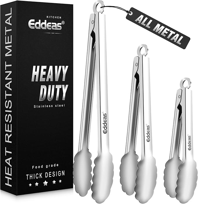 Eddeas Tongs For Cooking - All Metal Heat Resistant 600 Degrees Kitchen Tongs, Stainless Steel Locking Tongs, For Food,Salad, BBQ, Grill, Dishwasher, Set of 3-7",9" & 12 inch