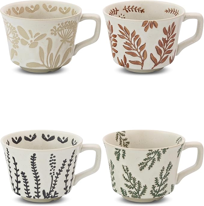 Ceramic Coffee Mug, 11 oz Small Novelty Unique Teacup with Handle, Stoneware Cup for Tea Mocha Latte Cappuccino (Set of 4, Plants)