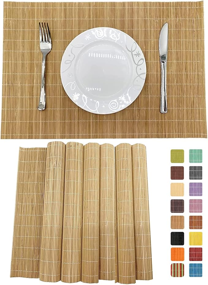 Non-Slip Bamboo Placemats Set of 6, 17.7x11.8 Inch - Heat Resistant & Easy-Clean, Natural Woven Table Mats for Daily Dining, Family Meals or Home Decor (Brown)