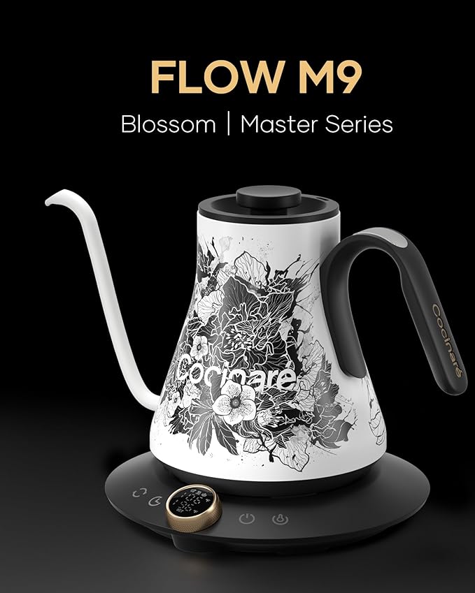 Cocinare Artisan Blossom Gooseneck Electric Kettle, ±1℉ Precise Temperature Control for Pour-Over Coffee & Tea, Quick Heating 1500W, Stainless Steel Interior, 0.9L