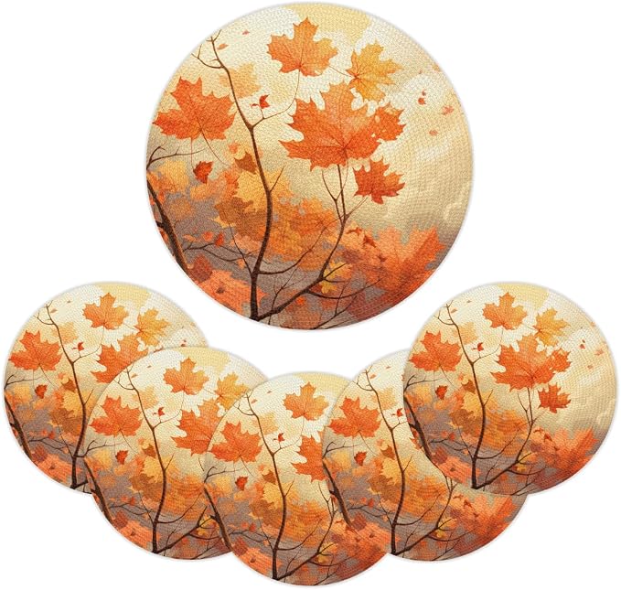 Round Placemats Set of 4, Fall Maple Leaves Branches Woven Placemats Mats Non-Slip Heat Resistant Washable Table Mats Round Braided Place for Farmhouse Kitchen Dining Party Decor 15in