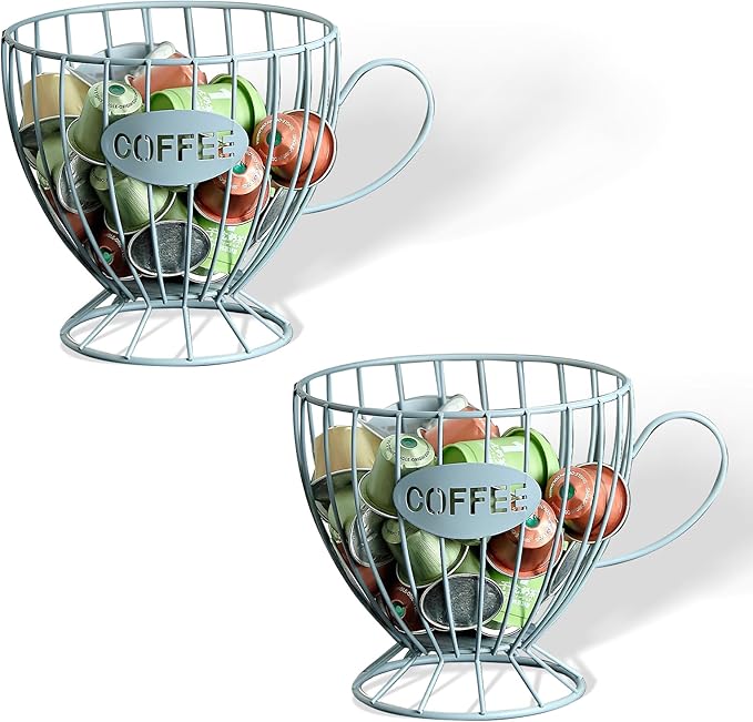 2-Pack Capsule Holder, Large Coffee & Tea Storage Organizer, Metal Basket for Countertop, Multi-Purpose Organizer for Home, Office, Cafe (Blue)