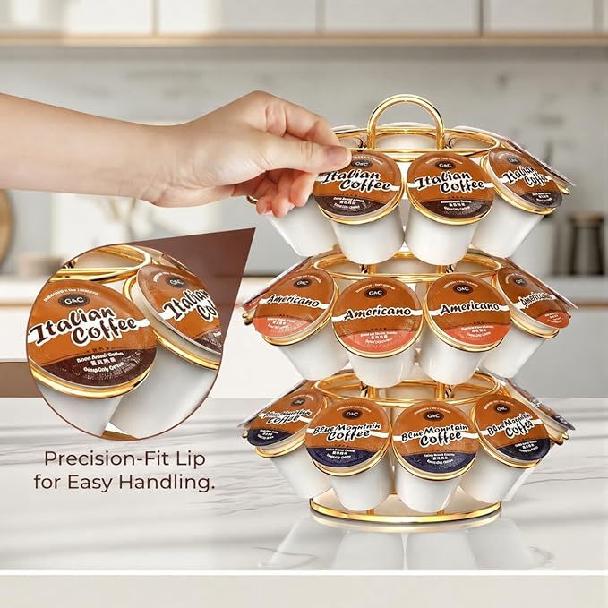 K Cup Holder, Carousel Coffee Pod Holder Compatible with 27 K Cup, Spins 360-Degrees, 3 Tier K Cup Organizer for Kitchen Counter — Home or Office Storage, Anti-Slip Base, No Assembly, Gold