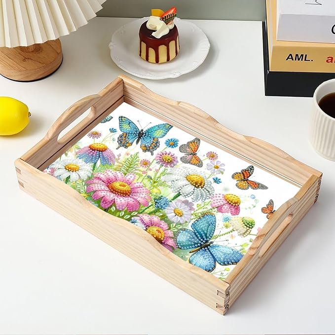 DIY Diamond Serving Tray Diamond Art Painting Creative Design Handmade Wooden Tray Dinner Plate for Coffee Breakfast Home Organizer-Flowers Butterfly