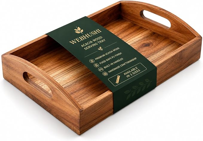 Acacia Wood Serving Tray - 12 Inch Wooden Tray with Natural Food-Safe PU Coating, Brown