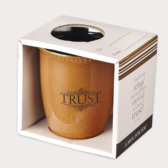 Christian Art Gifts Saddle Tan Stoneware Coffee Mug – 13 oz. Microwave and Dishwasher-safe Lead-free Inspirational Scripture Coffee and Tea Mug for Men & Women with Bible Verse: Trust – Psalms 91:2