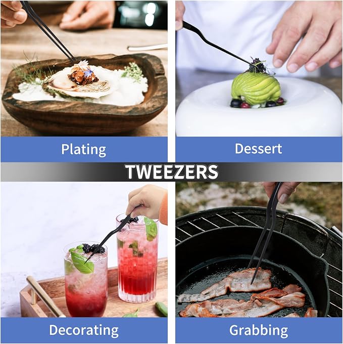 8-Inch Plating Tweezers Culinary Kitchen Tweezer Stainless Steel, Black Offset Tweezers for Cooking Food Design (8-Inch Offset Design)