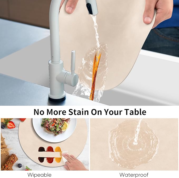 ADRIMER Placemats, Heat Resistant Round Placemats Set of 6 Washable, Waterproof Table Mats, Wipeable Faux Leather Place Mats for Kitchen, Dining Room, Beige