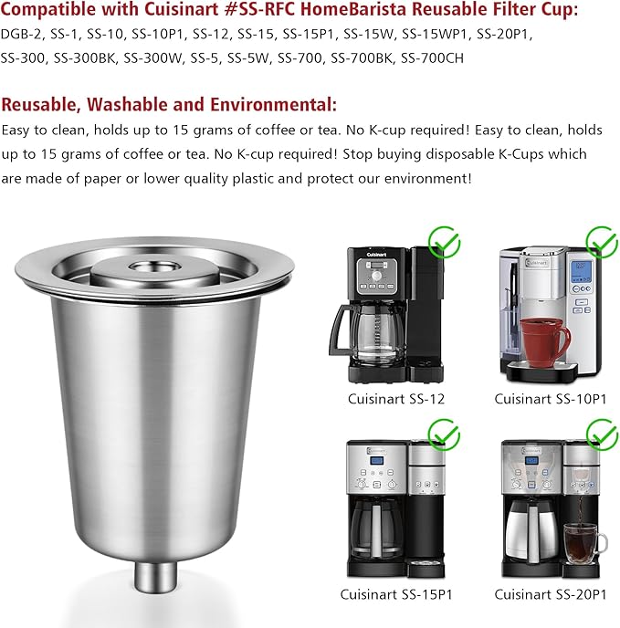 Reusable Stainless Steel Filter Cup for Cuisinart, Compatible with Cuisinart #SS-RFC HomeBarista Reusable Filter Cup, Upgraded Version (2 Pack)