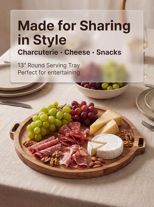 Premium Acacia Wood Round Charcuterie Board, 13 Inch Snack Board with Side Handles, Wooden Cheese Board and Serving Platter for Appetizers, Bread, Fruit and Snacks