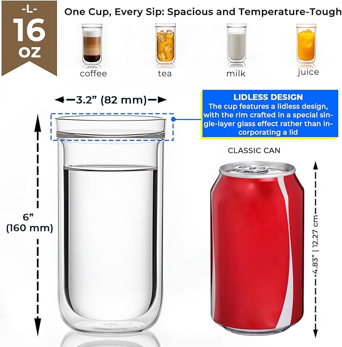 Aquach Double Wall Glass Cup 16oz 2pcs, Clear Insulated Coffee Drinking Glasses, Single Mouth/Double Body