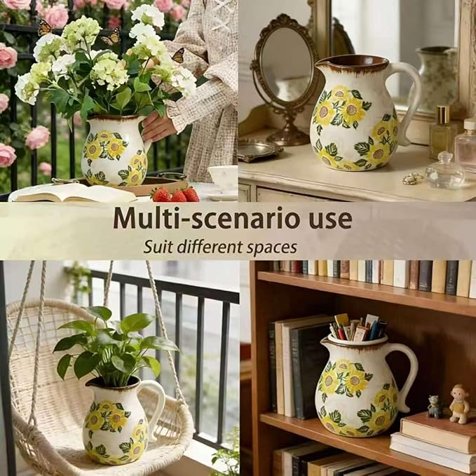 Rustic Ceramic Kitchen Utensil Holder, 6.1" Modern Farmhouse Cooking Utensil Holder for Kitchen Counter, Vintage Ceramic Utensil Organizer for Home Decor Floral Spoon Spatula Gift(Sunflower)