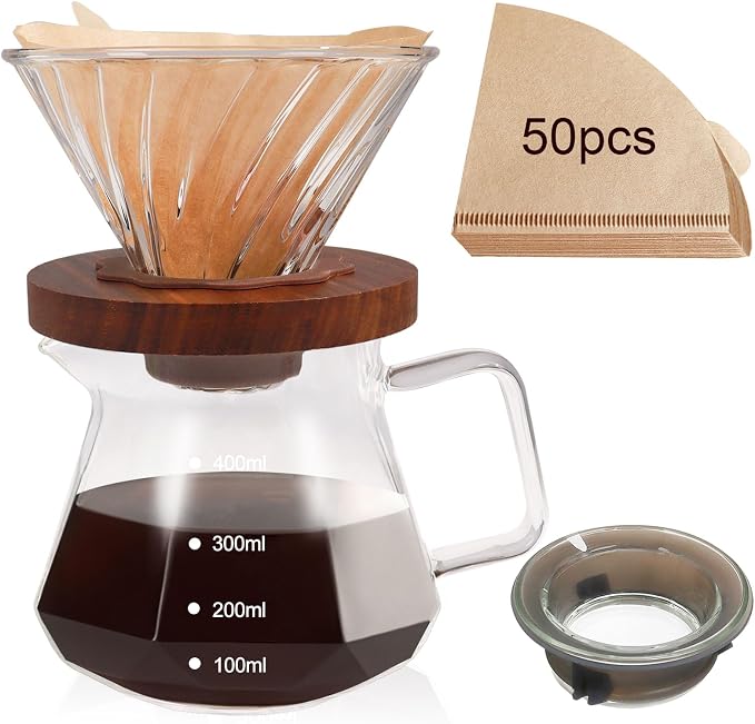 Pour Over Coffee Maker 13.5oz Portable Glass Coffee Maker High Borosilicate Glass Eagle Beak Spout Design with 50 Pcs Filter Paper Walnut Wood Base for Pour Over for Daily Brewing 400ml