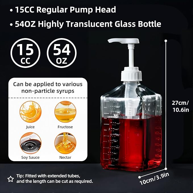 Large Capacity Syrup Dispenser for Coffee Bar, Pump Dispenser 37oz 1100ml Glass Syrup Bottle w Measuring Cup and Funnel, Dispenser Bottle w Upgraded Pump