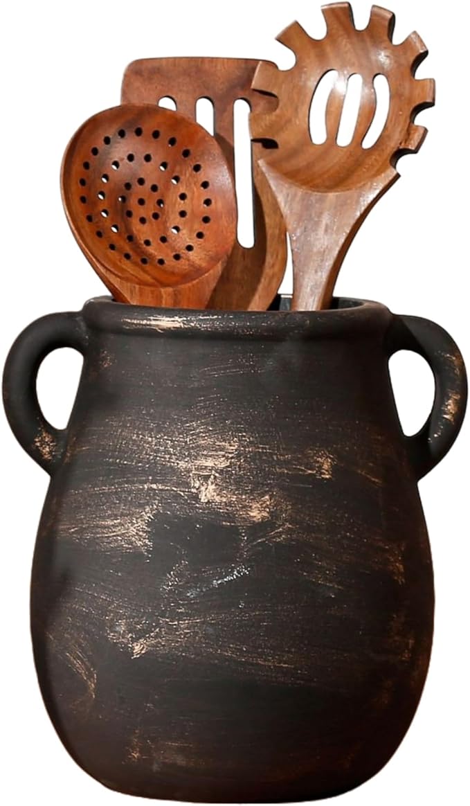 Rustic Kitchen Utensil Holder for Countertop, Ceramic Utensil Crock for Kitchen Counter,Farmhouse Spatula Organizer for Countertop, Vintage Crock Decor, Ideal Housewarming Gift (Black)