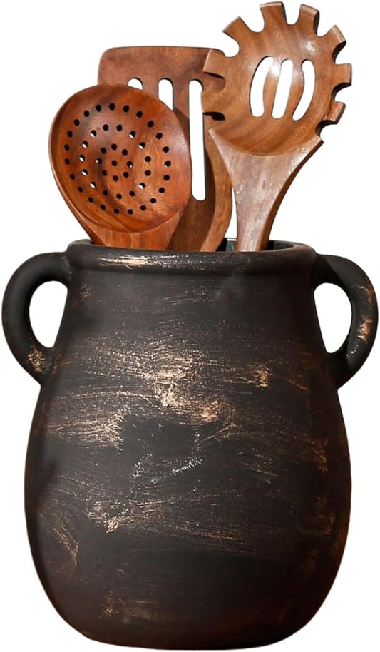 Rustic Kitchen Utensil Holder for Countertop, Ceramic Utensil Crock for Kitchen Counter,Farmhouse Spatula Organizer for Countertop, Vintage Crock Decor, Ideal Housewarming Gift (Black)